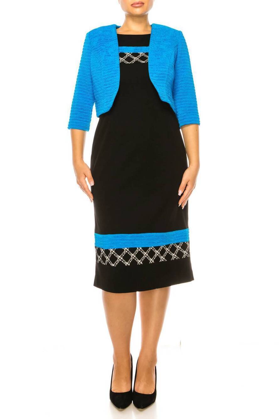 NEW MAYA BROOKE contrast pattern cropped jacket dress in turquoise black